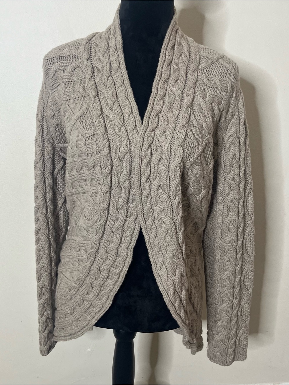 Lafayette 148 New York Cable-Knit Open-Front Wool Cardigan Light Taupe Sz XL